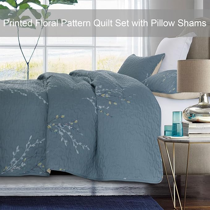 Exclusivo Mezcla Reversible Boho Quilts Queen Size Blue | Lightweight Soft Bedspreads, All Season Flowers Coverlet Bedding Set, Printed Floral Pattern, 1 Quilt and 2 Pillow Shams