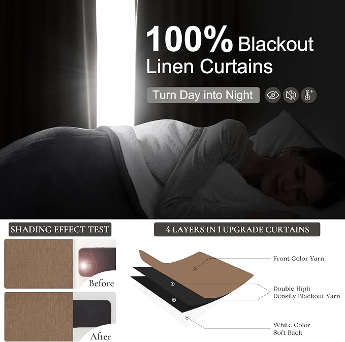 RustBrown Black Out 108 Inch Long Boho Curtains 2 Panel Set, Farmhouse Curtains for Living Room Darkening/Thermal/Noise Reduction Textured Flax Linen Drape 8ft Hook&Ring Included Chocolate 50"Wx108" L