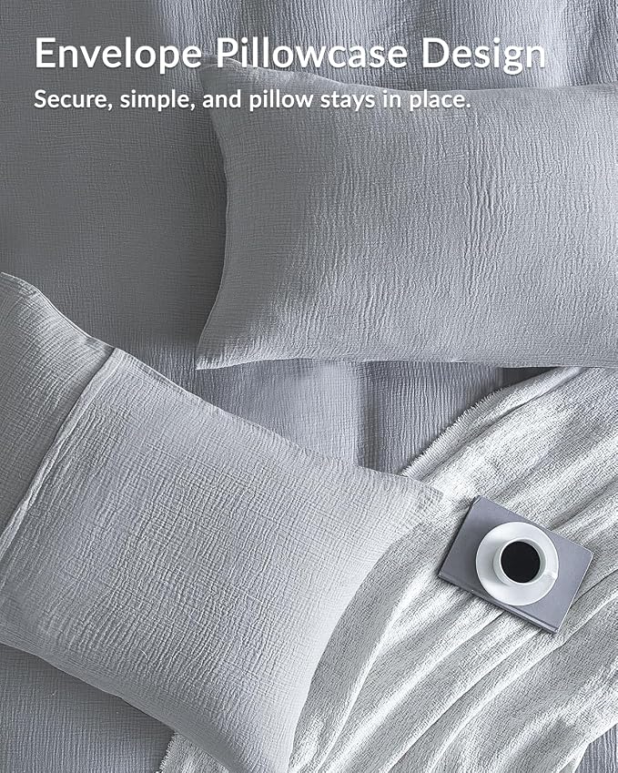 SE SOFTEXLY Muslin Duvet Cover Queen Size, 100% Washed Cotton Duvet Cover Set, Ultra Soft Comforter Cover Linen Like, 3 Pieces Minimalist Gauze Duvet Cover with 2 Pillowcases, 90"x90", Light Grey