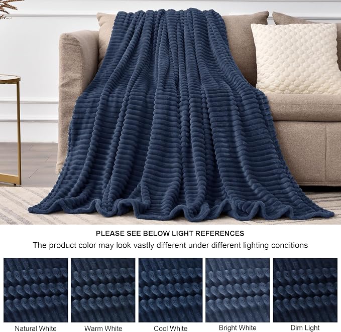 BEDELITE 3D Ribbed Jacquard Navy Fleece Twin Blanket for Couch, 60x80 Inch | Soft Warm Fluffy Blanket for Bed Sofa College Dorm Room Decor, Luxury Cozy Plush Birthday Gifts for Women Girls, Lightweight