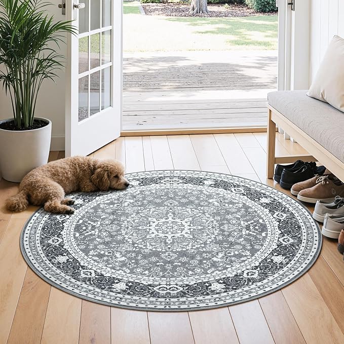 4FT Washable Round Area Rugs for Living Room, Non Slip Circle Rugs | Low Pile Vintage Carpets for Entyway Bedroom Dining Room, Nursery, Home Office, Kid Pet Friendly, Fit All Vacuums, Grey White