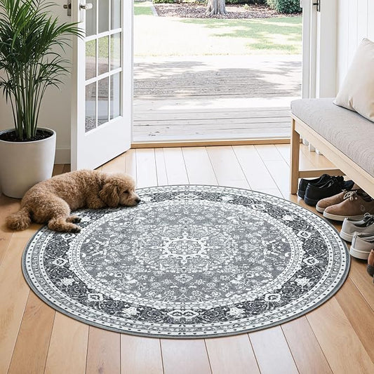 4FT Washable Round Area Rugs for Living Room, Non Slip Circle Rugs | Low Pile Vintage Carpets for Entyway Bedroom Dining Room, Nursery, Home Office, Kid Pet Friendly, Fit All Vacuums, Grey White