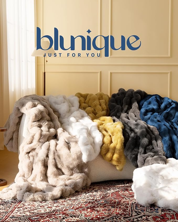 Ultra Soft Cozy Faux Fur Throw Blanket, Fuzzy Plush Thick Bubble Blanket, Oversize Luxury Fluffy Blanket for Couch, Sofa, Bedroom, and Living Room,50x60 Inches,Blue