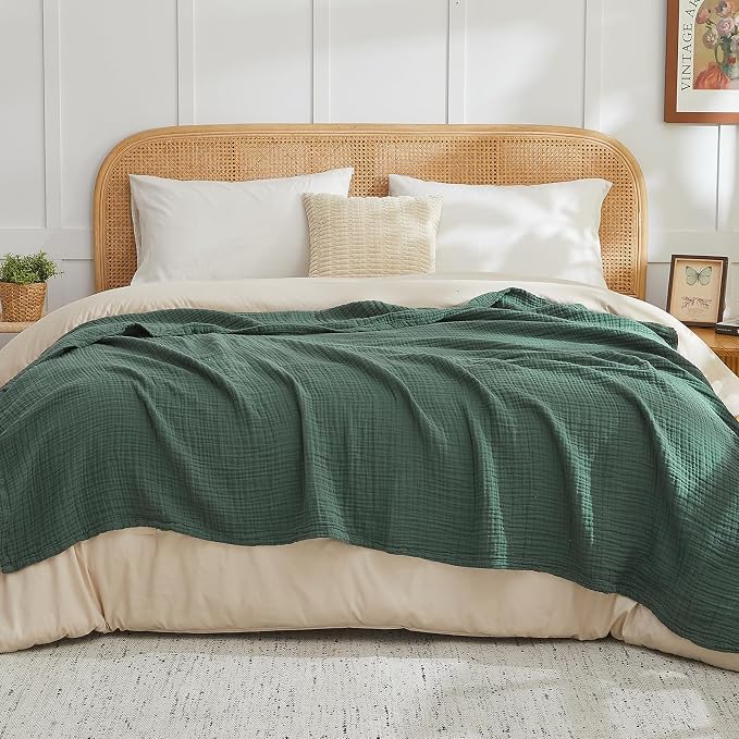 EMME Muslin Blankets for Adults Throw Blanket for Couch Breathable Gauze Soft Lightweight Airy Forest Green Throw XL 50" x 71"