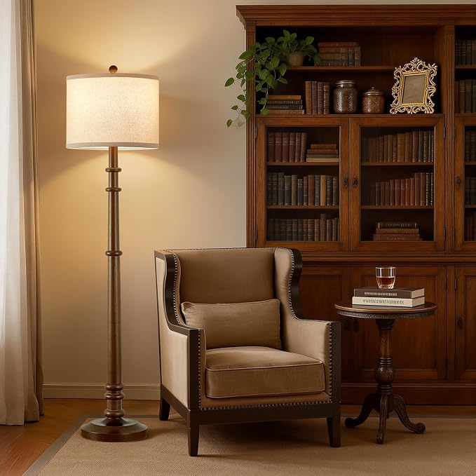 Floor Lamps for Living Room - 60" Farmhouse Floor Lamp with Adjustable Color Temperatures - Vintage Standing Lamp Reading Light with Linen Shade Rustic Tall Lamp for Bedroom Office, Wood , Walnut