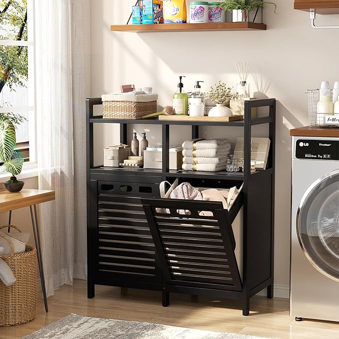 Homykic Tilt Out Laundry Hamper Cabinet, Bamboo Laundry Organizer, Black | 20 Gal Laundry Sorter with 2 Removable Liner Bags, Hidden Clothes Hamper with Shelf for Laundry Room, Bathroom, Closet