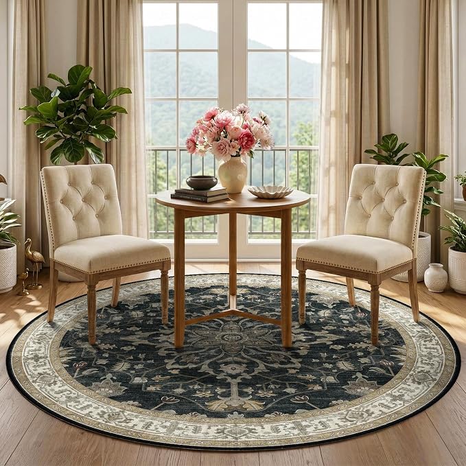 RELEANY Washable Area Rug, Round 5ft, Black/Vintage/Beige | Non-Slip, Water Repellent, Pet Friendly, Easy to Clean, Vintage Floral Boho Decor for Living Room Bedroom Dining Room