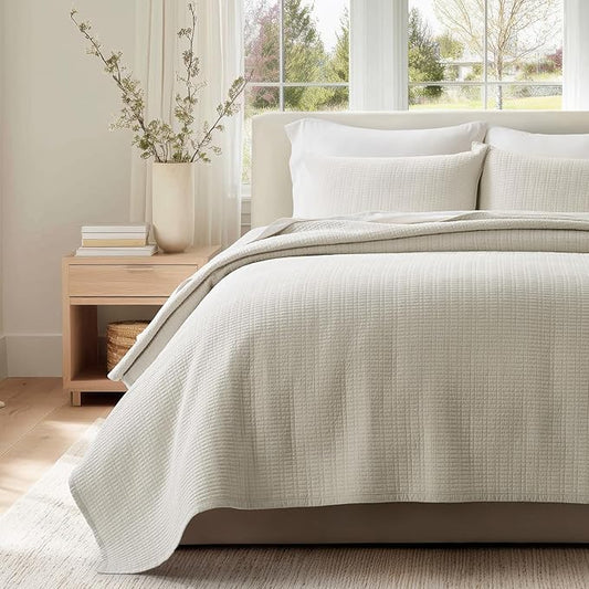 EverGrace 100% Cotton Modern Grid Stitch Quilt Set, King Size, Birch | Pre-Washed Cotton Coverlet Bedspread, Oversized Lightweight 3-Piece Bedding Set for All Season, with 2 Pillow Shams