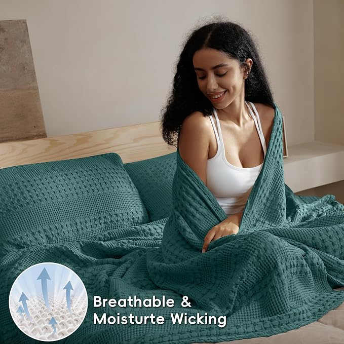 PHF Lightweight 100% Cotton Waffle Blanket for Bed, King, Teal | Pre-Washed Soft Cotton Comfort, Breathable Layering Warmth for Fall & Winter, Bed, Sofa, Couch, Home Decor & Gifts