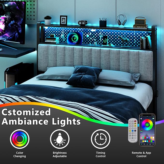 VINGLI Queen Size Headboard Only, Adjustable Upholstered Headboard with 2 Tier Shelves and Pegboard with Charging Stations and LED Lights, Modern Bed Headboard with Storage for Bedroom Decor