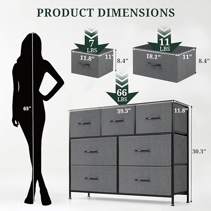 7-Drawer Dresser for Bedroom, Anti-Tip Wide Storage Organizer Fabric | Chest of Drawers TV Stand for 45" TV with Wooden Top and Metal Frame for Closet, Living Room, Hallway, Entryway, Gray