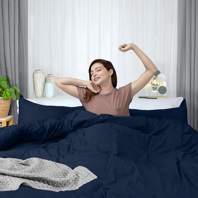 Duvet Cover Queen, 3 Piece Cotton Like Polyester With Zipper Closure, Navy | Extra Soft and Breathable, Wrinkle & Fade Resistant, Includes Duvet Cover and 2 Pillow Shams, Comforter Not Included, OekoTex