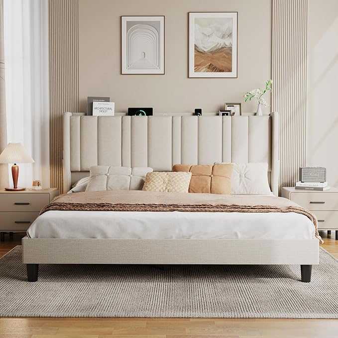 ONBRILL King Size Headboard with Storage, LED Light, Off White | Linen Vertical Wingback Headboard w/ Charging Station, Upholstered Head Board w/ High-Density Foam Padding, 2 Storage Pockets