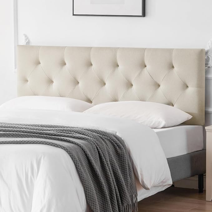 Linen Headboard King Size, Adjustable Height Headboard 37-51 in, Beige | Diamond Tufting Solid Wood King Headboards, Durable Metal Legs, Upholstered King Head Board for Bed Frame, Modern Fabric