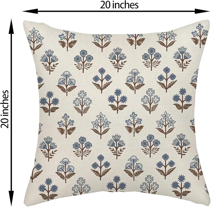 Blue Brown Pillow Covers 20x20 Inch 2 Pcs Block Print Vintage Floral Decor Throw Pillows Boho Flower Spring Summer Outdoor Seasonal Decoration Pillowcase Linen Cushion Cover for Couch Sofa