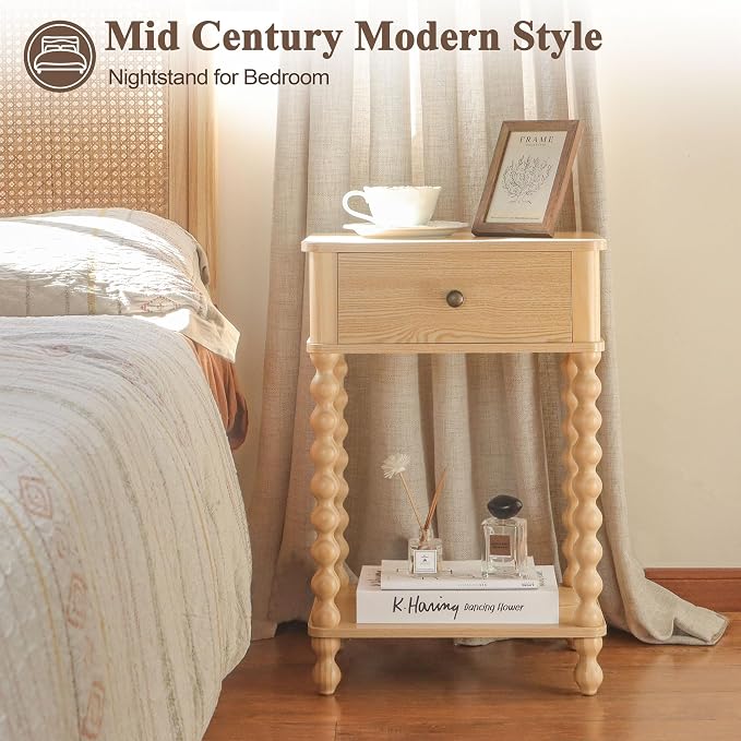 AWASEN Night Stand, Small End Table with Storage for Living Room, Farmhouse Bedside Side Table with Spindle Wood Legs for Bedroom, Office, Natural
