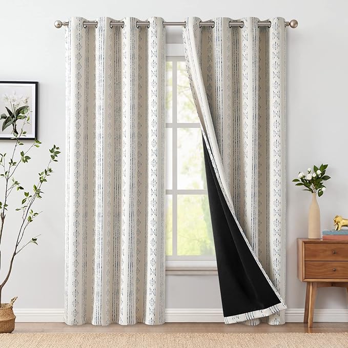 jinchan Boho Blackout Curtains 90 Inches Long for Bedroom Living Room | Blue on Beige Geometric Printed Grommet Curtains Room Darkening Thermal Insulated Window Treatments 2 Panels