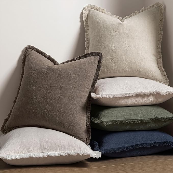 MIULEE Linen Fringe Decorative Fall Euro Throw Pillow Covers Coffee 22x22 | Set of 2, Cottagecore Decor, Boho Farmhouse Neutral Pillow Covers, Rustic Fall Couch Cushion Cases for Sofa Bed Living Room