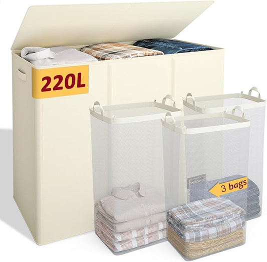 220L Laundry Hamper 3 Section,Large Laundry Hamper with Lid,Dirty Clothes Hamper with 3 Inner Bags,Collapsible Laundry Basket Organizer for Laundry Room,Bedroom,Laundry Sorter Hamper 3 Compartment