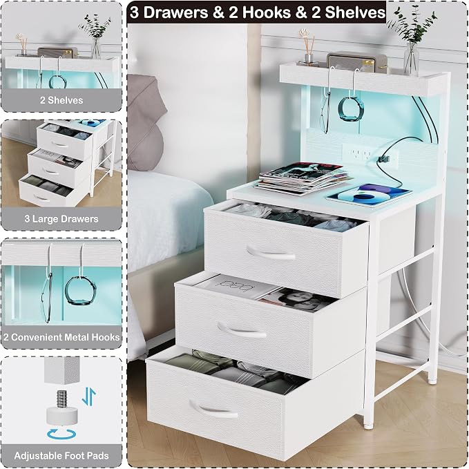 LED Night Stand with Charging Station Set of 2, 3 Fabric Drawer, White | Nightstand Bedside Table with USB Ports and Outlets, End Side Table Night Stand for Bedroom with Storage Shelf and Hooks