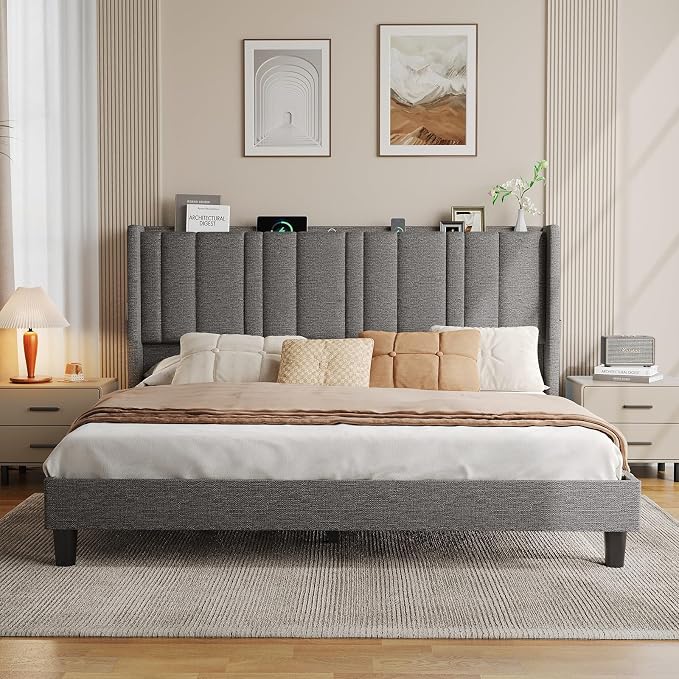 ONBRILL King Size Headboard with Storage, LED Light, Grey | Linen Vertical Wingback Headboard w/ Charging Station, Upholstered Head Board w/ High-Density Foam Padding, 2 Storage Pockets