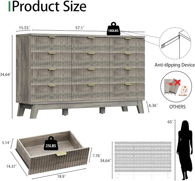 Xixini Fluted Dresser for Bedroom with 12 Drawers, 57" Wide Modern Chest of Drawers with Metal Handle, Wooden Dresser TV Stand, Wood Closet Clothes Storage Organizer for Living Room, Hallway, Grey