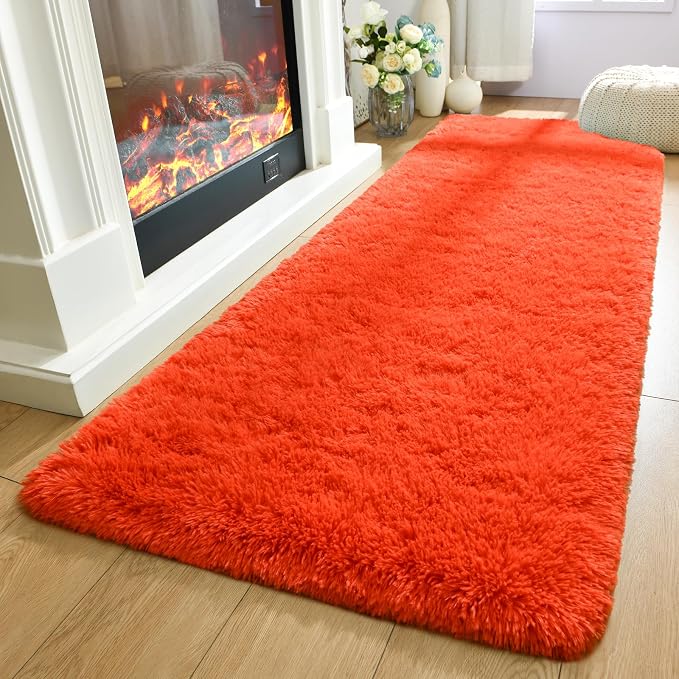 Soft Fluffy Rugs for Bedroom Living Room, 2x6 Hallway Runner Rugs, Furry Shag Bedside Area Rug Indoor Accent Floor Carpet, Plush Fuzzy Rug for Dorm Nursery Kids Room Decor, Orange Red