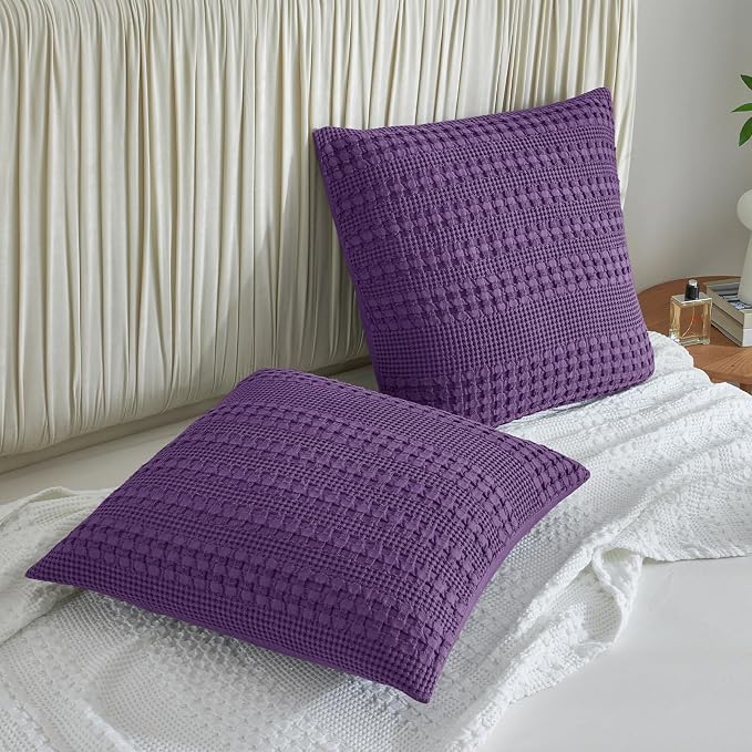 PHF 100% Cotton Waffle Weave Euro Sham Covers, 2 Pack 26" x 26" Bed Pillow Covers for Elegant Home Decor, No Filling, Luxury Aesthetic Soft Euro Pillow Cases for Bed, Grape