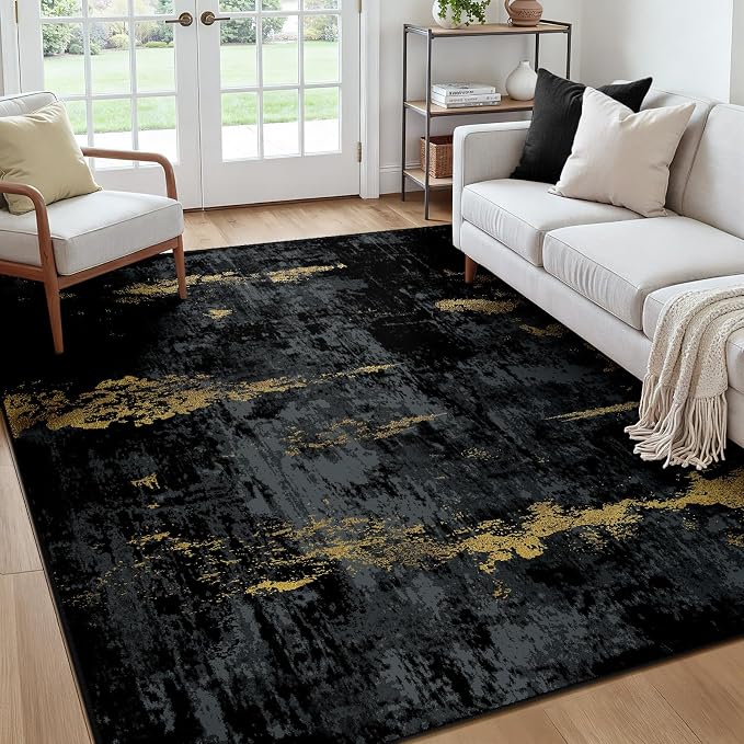RELEANY Washable Square 7'x7' Area Rug for Living Room Black Gold | Carpet for Bedroom, Kitchen, Office, Hallway and Entryway, Printed Pattern, Non‑Slip, Soft, Stain‑Resistant, Easy to Clean