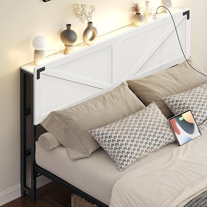 MAHANCRIS Queen Headboard with Charging Station, LED Light and Storage | Farmhouse Wooden Bed Head with Bed Frame Adapter LED Adjustable Brightness and Color Modes Easy Assembly White