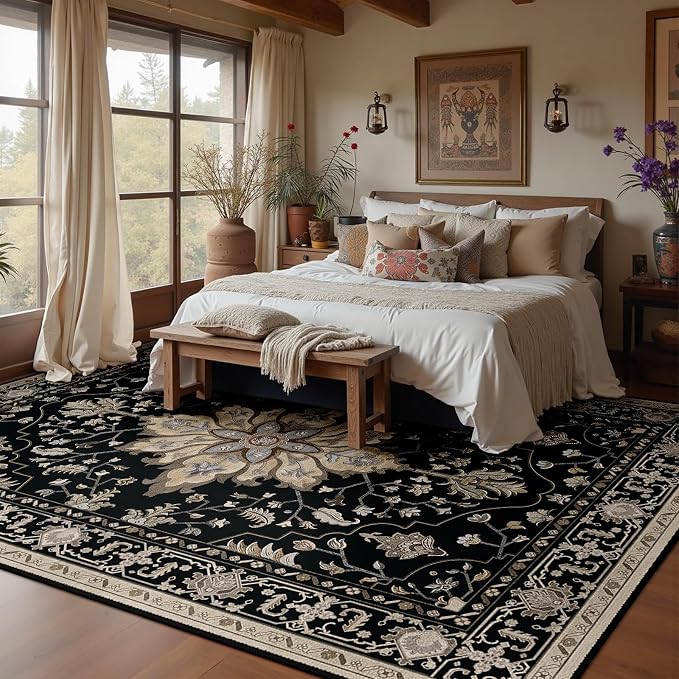 RELEANY Washable Area Rug, 5'x8', Black/Neutral | Non-Slip, Water Repellent, Pet Friendly, Easy to Clean, Vintage Floral Boho Decor for Living Room Bedroom Dining Room Office