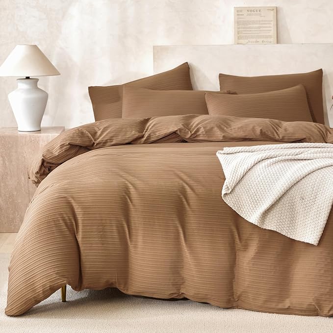 Comforter Set King Dark Brown Striped Luxury Washed Microfiber Jacquard 3 Pieces Bedding, Dark Brown Vertical Ticking Stripes Comforter with 2 Pillowcases Soft Breathable Durable Comfy