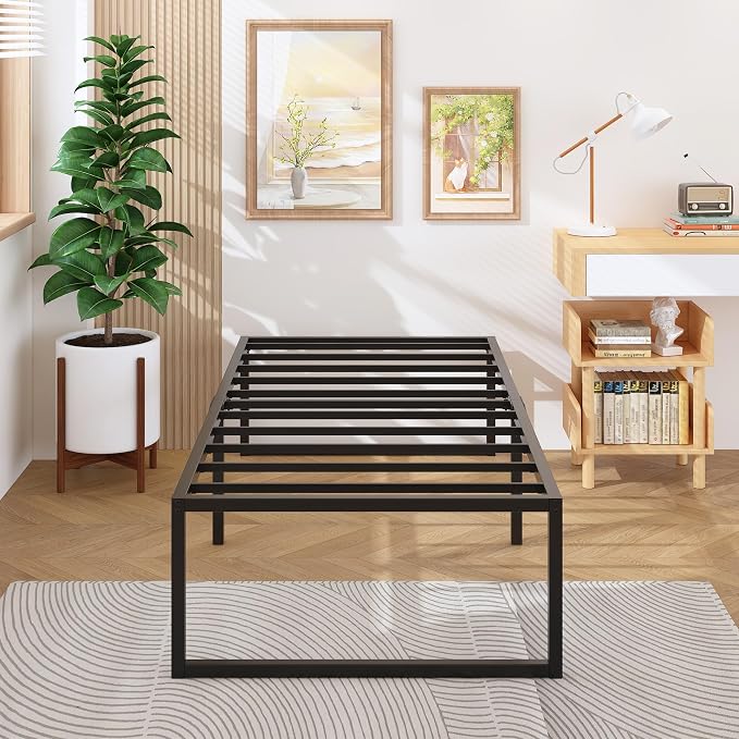 Lutown-Teen 18 Inch Twin XL Bed Frames with Fabric Bed Cover | Heavy Duty Sturdy Metal XL Twin Platform Bed Frame No Box Spring Needed, Noise Free, Easy Assembly, Black and Blue