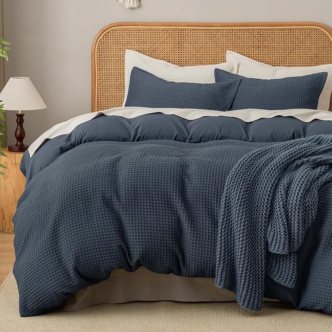 David's Home Textured Waffle Weave Duvet Cover Set, King Size, Indigo | Breathable Cozy for All Season, 300GSM, 3PCS Home Bedding Decor, OEKO-TEX Certified, Hidden Zipper, 8 Corner Ties, 104" X 90"