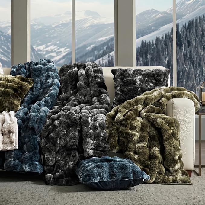 EverGrace Faux Rabbit Fur Bubble Throw Blanket, 60"x80", Marble Olive | Ultra Soft, Luxury Faux Rabbit Fur Throw, Thick Warm Bubble Blanket, Cozy Fluffy Reversible, for Bed, Couch, Chair, Sofa
