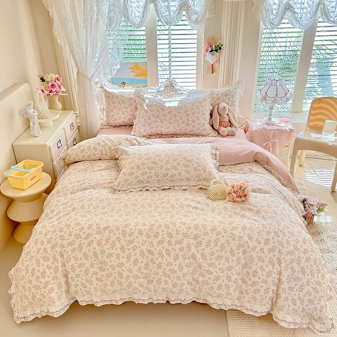 mixinni Country Floral Duvet Cover Set Full Size – 100% Cotton Cottagecore Bedding with Double Layer Ruffle Lace & Black Lace Trim, Shabby Chic Reversible Farmhouse Style Comforter Cover 3-Piece