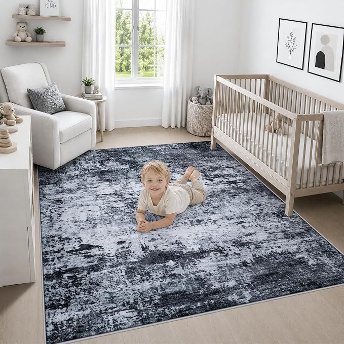 Area Rug Living Room: 8x8 Modern Washable Indoor Carpet Black | For Bedroom Dining Room Farmhouse Nursery Hallway Office,Modern Abstract,Machine washable,Non-Slip,Stain Resistant,Indoor