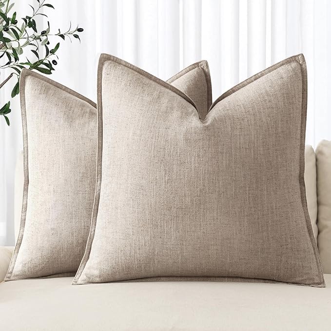 MIULEE Decorative Linen Pillow Covers 18x18 Inch Natural Linen | Boho Farmhouse Neutral Couch Throw Pillows for Bed, Pack of 2 Accent Modern Pillowcases, Sofa Livingroom Home Decor