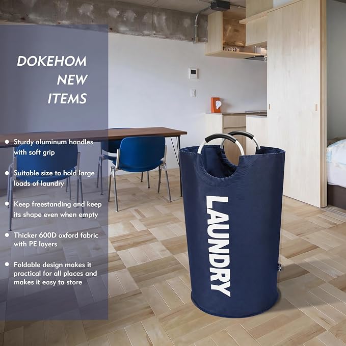 DOKEHOM 125L X-Large Laundry Basket Bag, Collapsible Tall Hamper, Dark Blue | Freestanding tall washing bin & foldable laundry bag. Extra large clothes storage basket with durable sturdy handles