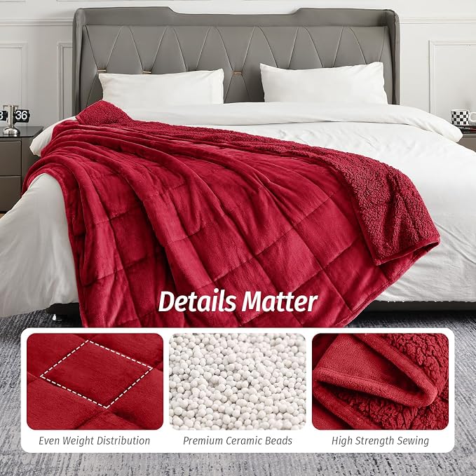 Sherpa Fleece Weighted Blanket for Adult 15lb Queen 60"x80" Burgundy | Deep Pressure Wraps, Relax Body & Mind, Better Sleep, Dual Sided Cozy Heavy Blanket, Soft Plush Flannel Top, Ideal Gift