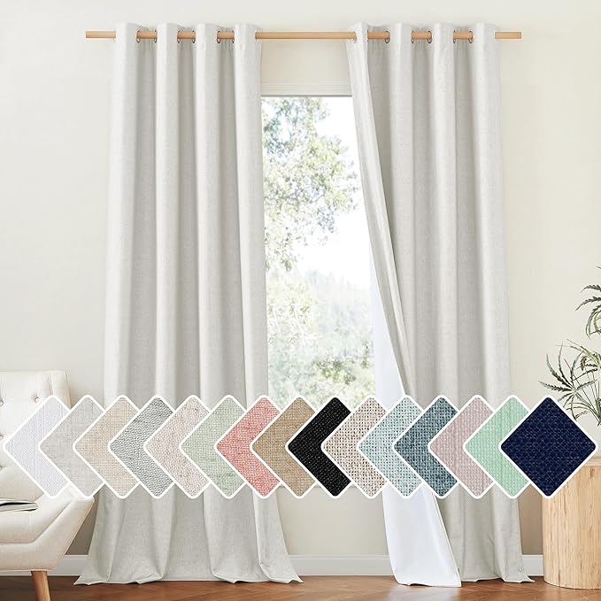 NICETOWN Ivory Blackout Curtains for Classroom 52" Wide x 95" Long 2 Panels | Absolutely Room Darkening Linen Curtains Thermal Insulated White Coating, Noise Reducing Textured Linen Look Window Treatment