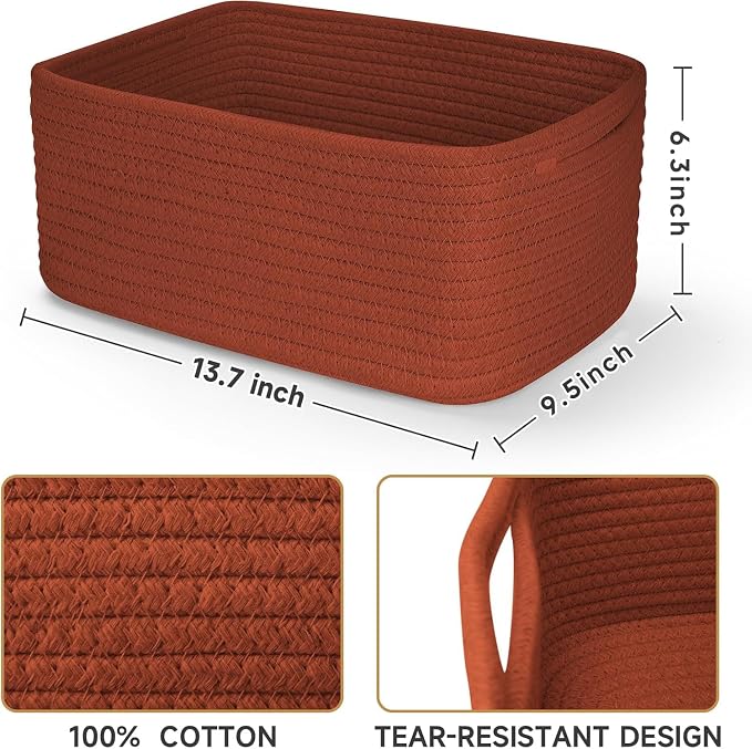 3 Pack Storage Baskets for Organizing, 13.7×9.5×6.3", Brick Red | Woven Baskets for Shelves, Cotton Rope Basket for Gifts Empty, Closet Organizer Bins with Handles, Cube Decorative Box