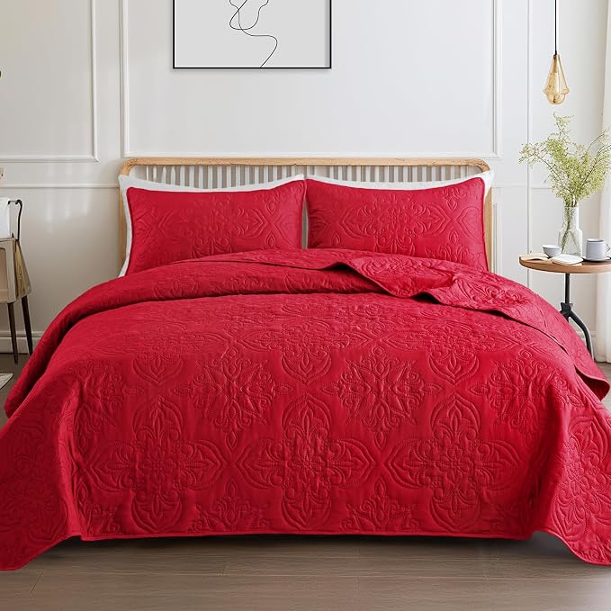 Whale Flotilla King Quilt Bedding Set Vintage Damask Reversible Bedspread | Suitable for Bed, 3 Pieces Red Lightweight Breathable Quilt King Size, Ultrasonic Coverlet Bed Cover with 2 Pillow Shams