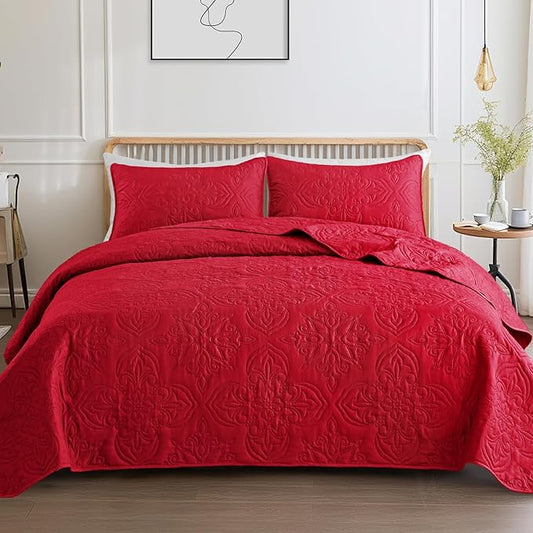 Whale Flotilla Cal King Quilt Set Vintage Damask Reversible Bedspread | Suitable for Bed, 3 Pieces Red Lightweight Breathable Oversized Quilts, Ultrasonic Coverlet Bed Cover with 2 Pillow Shams