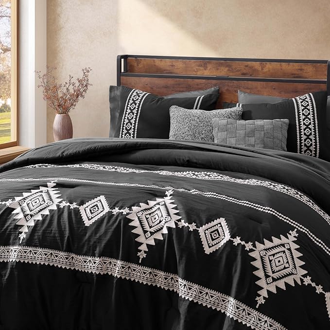 MaiRêve Embroidery Oversized Queen Comforter Set 7 Pieces Bed in a Bag | Black Western Boho Bedding Sets Farmhouse with Comforter, Sheets, Pillowcases & Shams
