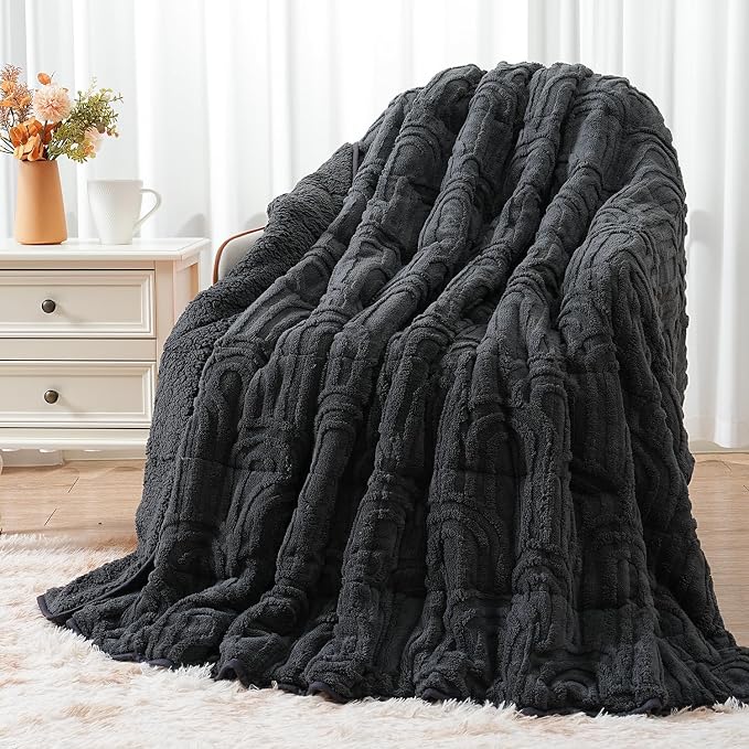 Jacquard Fleece Weighted Blanket Queen 60" x 80" 15lbs Dark Grey | Sherpa Heavy Blankets, Adults Jacquard Knitted Throw for Better Sleep and Relaxing, Comfort Fluffy Cozy Warm Chunky Soft