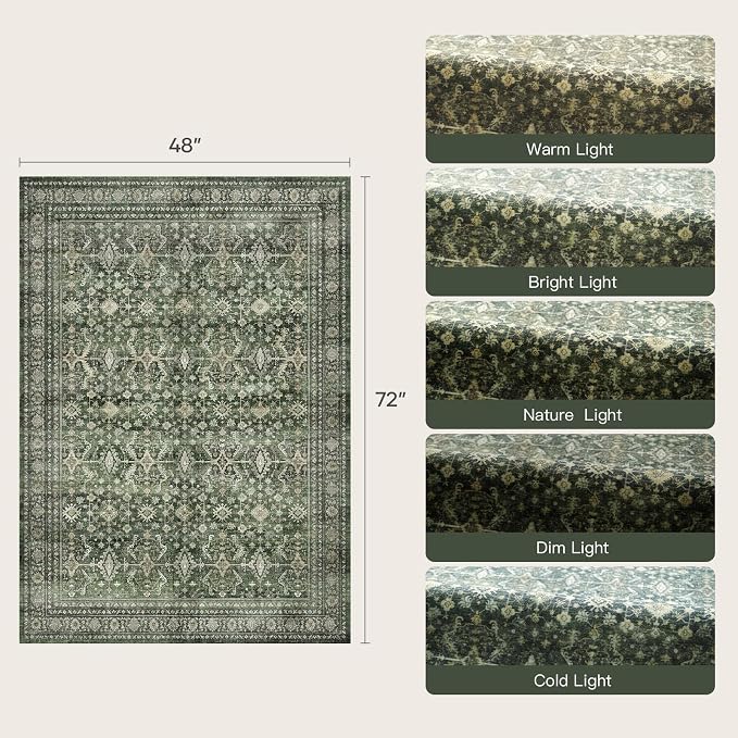 4x6 Area Rugs for Entryway, Green Washable Non-Slip Area Rug for Kitchen | Low Pile Soft Small Rugs, Vintage-Style Carpet for Bathroom Bedroom Tool Room, Stain Resistant Foldable Distressed Rug