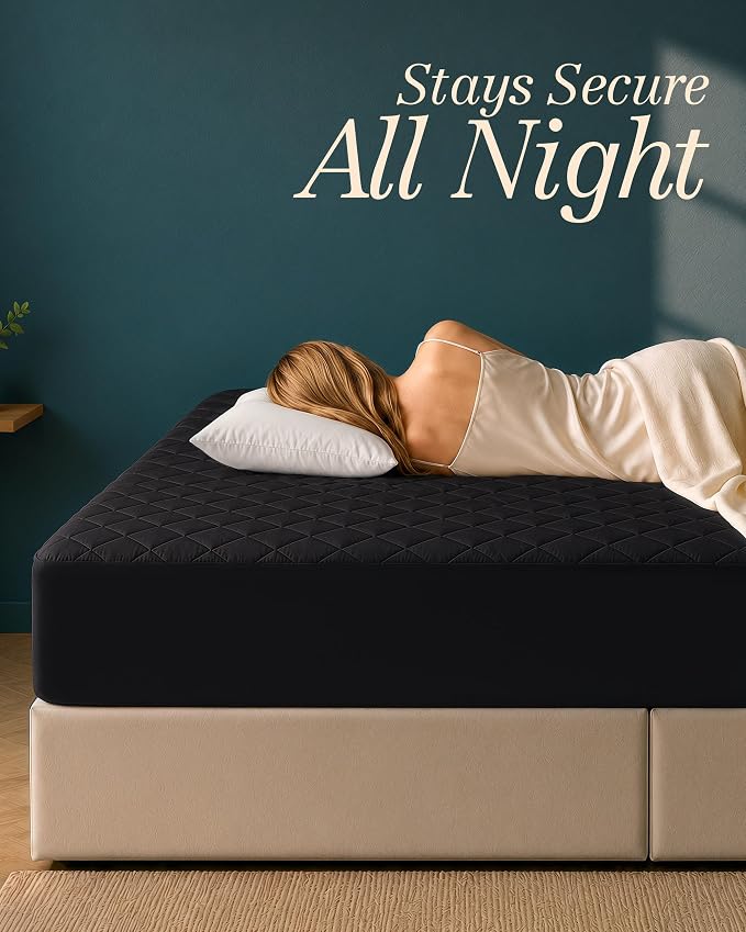 Quilted Mattress Pad, Queen Mattress Protector Topper fits 16" Deep, Black | Soft Breathable Fitted Mattress Cover, Noiseless, Deep Pockets & Machine Washable for Home & Hotels by Utopia Bedding