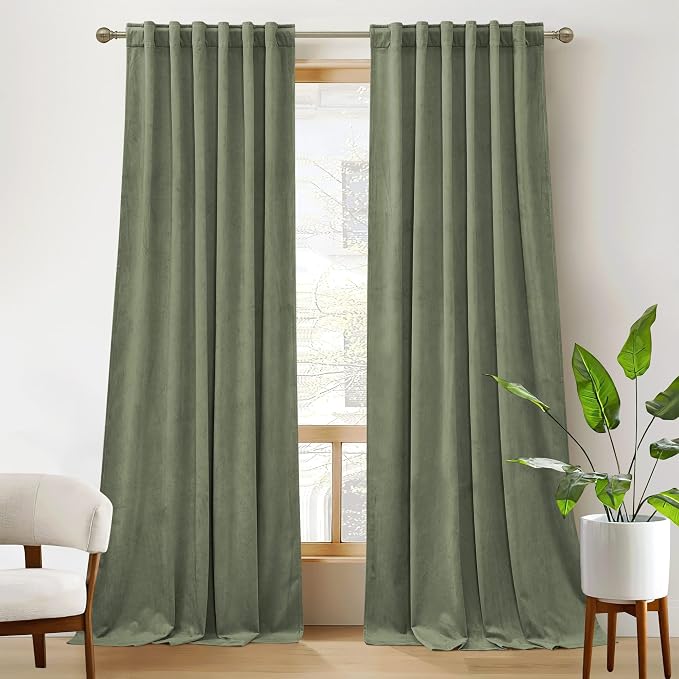RYB HOME Velvet Curtains 108 inches Long, Extra Long High Ceiling Curtains | Thermal Insulated, Luxurious Home Decor, Curtains for Apartment Loft Large Windows, W52 x L108, Sage Green, 2 Panels Set