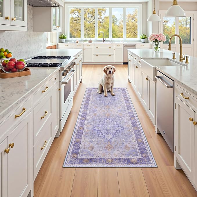 RELEANY Washable Area Rug, Runner 2'x5', Purple | Non-Slip, Water Repellent, Pet Friendly, Easy to Clean, Vintage Floral Boho Decor for Kitchen Entry Bedroom Bedside Laundry